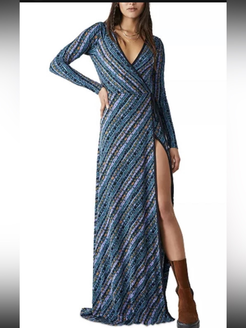 NWT Free People Phoebe Blue Printed
Wrap Maxi Dress Size Large